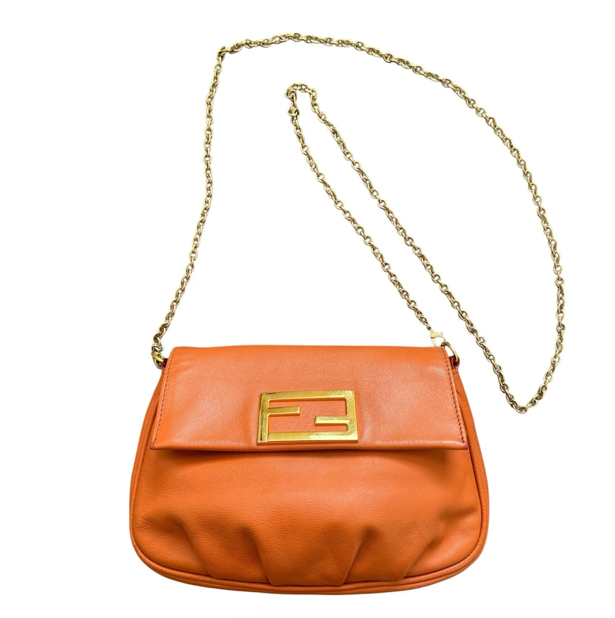 Bags Orange Leather Pochette Bag Removable Gold Tone Chain With COA