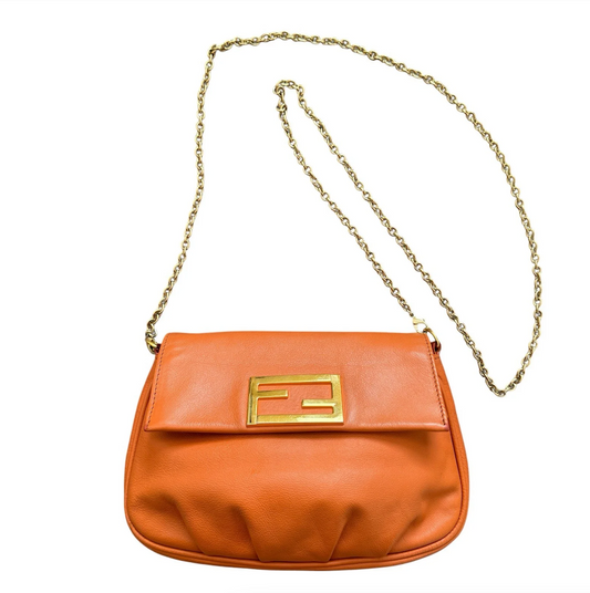 Bags Orange Leather Pochette Bag Removable Gold Tone Chain With COA